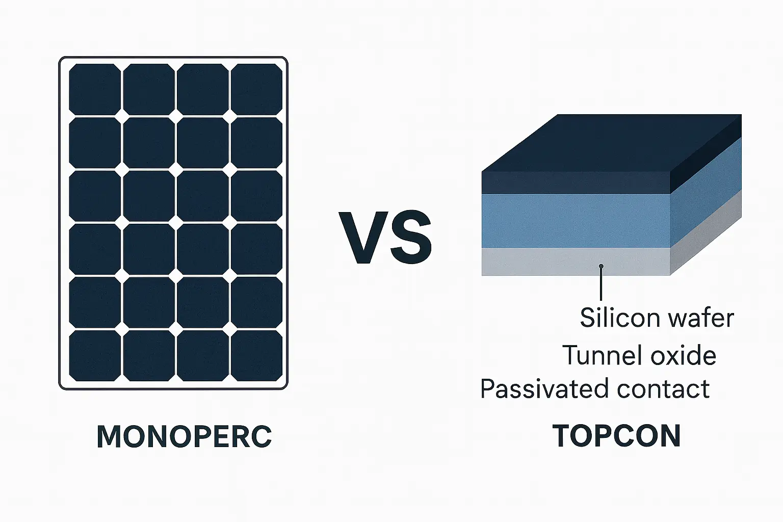 Comparison of Monocrystalline vs TOPCon solar technology. On the left, a monocrystalline solar panel with dark blue cells is shown, labeled MONOCRYSTALLINE
